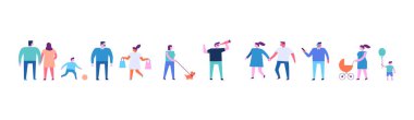 Tiny people group horizontal banner. Different tiny people characters. Flat vector illustration isolated on white.	