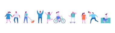 Tiny people group horizontal banner. Different tiny people characters. Flat vector illustration isolated on white.	