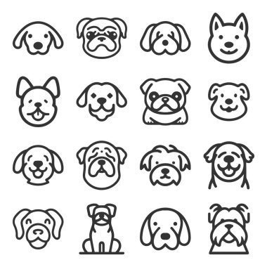 Çizgi film şirin Köpek siluet vektör çizgisi simgesi ayarlandı