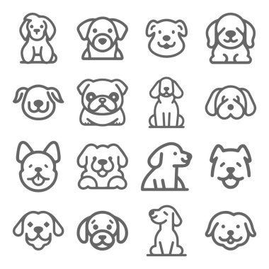 Çizgi film şirin Köpek siluet vektör çizgisi simgesi ayarlandı