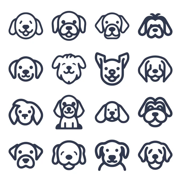 Мультяшна Собака Обличчя Векторна Лінія Набір Піктограм — стоковий вектор