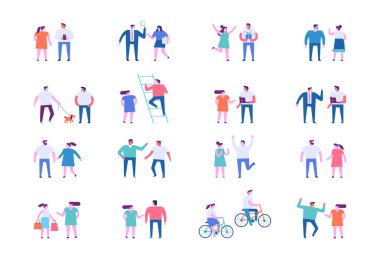 Düz tasarım resimlerinden bahseden insanlar beyaza izole edilmiş  