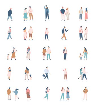 Different People flat vector silhouette bundle. Male and female flat faceless characters isolated on white background.	