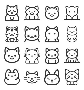 Şirin Çizgi film kedisi, kedi yüzlü vektör etiketi beyaz üzerine izole edilmiş.