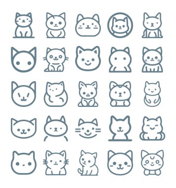 Şirin Çizgi film kedisi, kedi yüzlü vektör etiketi beyaz üzerine izole edilmiş.