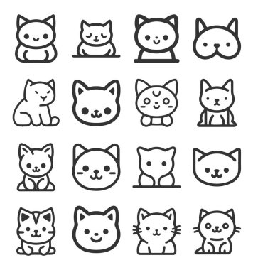 Şirin Çizgi film kedisi, kedi yüzlü vektör etiketi beyaz üzerine izole edilmiş.