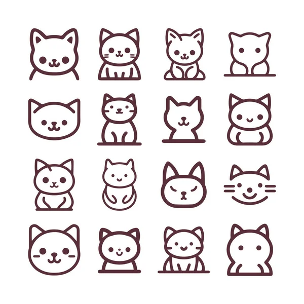 Leuke Cartoon Kat Kitten Face Line Vector Sticker Set Geïsoleerd — Stockvector