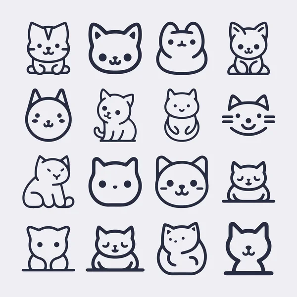 Cute Cartoon Cat Kitten Face Line Vector Sticker Set White — 스톡 벡터
