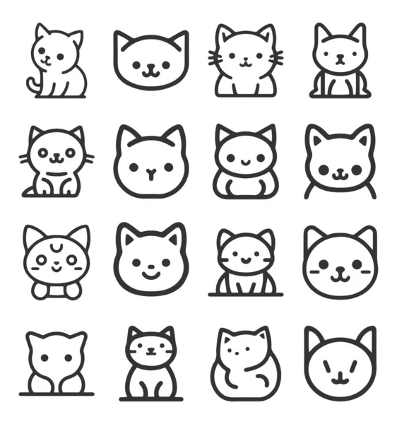 Cute Cartoon Cat Kitten Face Line Vector Sticker Set Isolated — Stock Vector