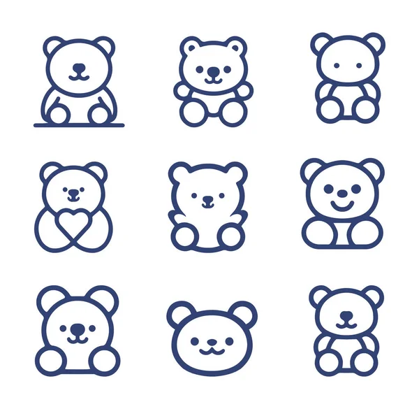 Teddy Bear Colección Iconos Línea Dibujos Animados — Vector de stock