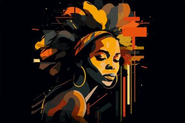 Güzel bir Afrikalı Amerikalı kadının portresi. Vektör sanatı, siyah üzerine izole edilmiş soyut resim. Siyahların hayatı önemlidir, BLM posteri