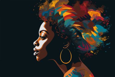 Güzel bir Afrikalı Amerikalı kadının portresi. Vektör sanatı, siyah üzerine izole edilmiş soyut resim. Siyahların hayatı önemlidir, BLM posteri