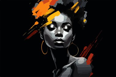 Siyahların hayatı önemlidir. Güzel bir Afrikalı Amerikalı kadının portresi. Vektör sanatı, siyah üzerine izole edilmiş soyut resim. 