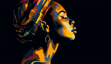 Siyahların hayatı önemlidir. Güzel bir Afrikalı Amerikalı kadının portresi. Vektör sanatı, siyah üzerine izole edilmiş soyut resim. 