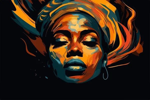 Portrét Krásné Africké Američanky Vektorové Umění Abstraktní Malba Izolovaná Černo — Stockový vektor