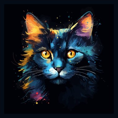 Siyah arka planda siyah kedi portresi olan renkli bir poster.