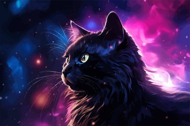 Siyah arka planda siyah kedi portresi olan renkli bir poster.