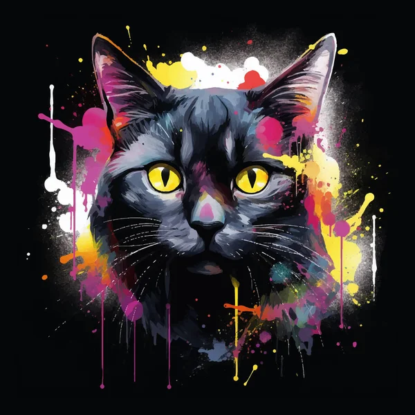 Cartaz Colorido Com Retrato Gato Preto Isolado Fundo Preto — Vetor de Stock