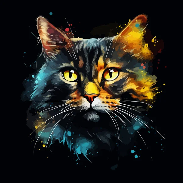Барвистий Плакат Портретом Чорної Кішки Ізольований Чорному Тлі — стоковий вектор