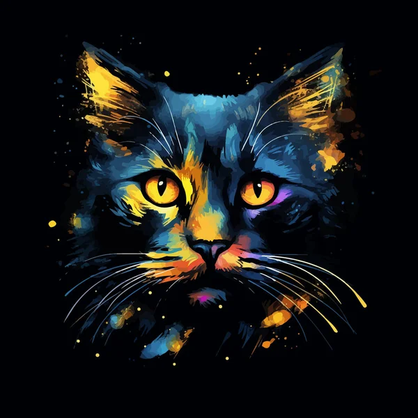 黑猫肖像的彩色海报 背景为黑色 — 图库矢量图片