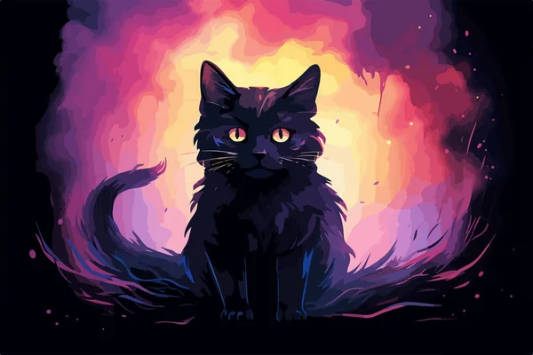 Cartel Colorido Con Retrato Gato Negro Aislado Sobre Fondo Negro — Vector de stock