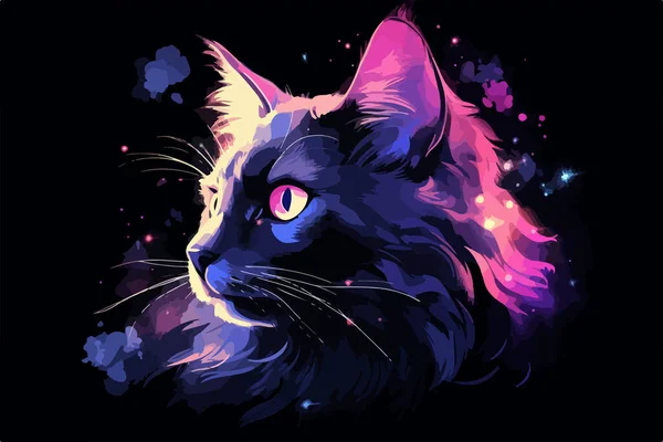 Colorful Poster Black Cat Portrait Isolated Black Background — Stock Vector