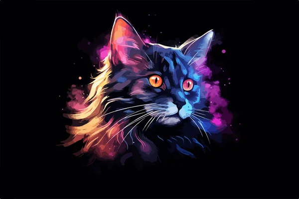 Colorful Poster Black Cat Portrait Isolated Black Background — Stock Vector