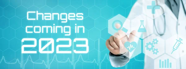 Doctor Touching Icon Futuristic Interface Changes Coming 2023 — Stock Photo, Image