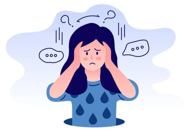 Başı ağrıyan genç bir kadın. vektör illüstrasyonu