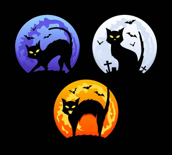 Conjunto Gato Halloween Com Morcegos Voando Lua Noite Escura — Vetor de Stock