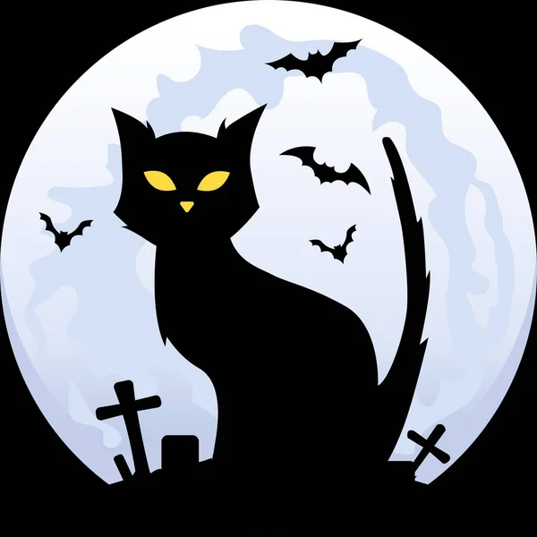 Хэллоуинская Кошка Летучими Летучими Мышами Луной Темной Ночи — стоковый вектор