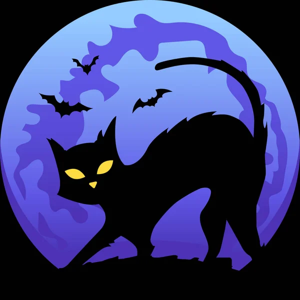 Halloween Katze Silhouette Mit Fledermäusen Blaue Farbe — Stockvektor
