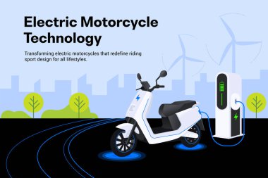 Elektrik Motorsiklet Teknolojisi ve şarj istasyonu illüstrasyonu