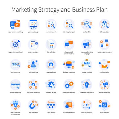 Pazarlama Stratejisi ve İş Planı Simgesi Turuncu Mavi Seti