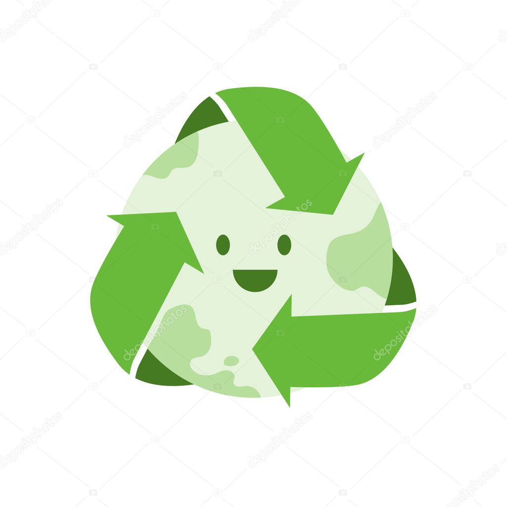 Green Planet Earth Recycle Symbol. Cartoon clipart illustration Sustainability environment and ESG concept.
