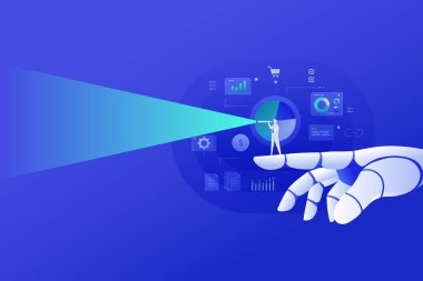 AI Dijital Pazarlama Konsepti Çizim Arkaplan Afişi, Ai Robot El ve İş adamı vizyonu Stratejisi