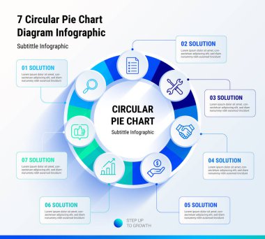 Web ve Sunum için Dairesel Diyagramı olan 7 Dairesel Pasta Çizelgesi Diyagramı, İş Bilgileri Tasarım Şablonu