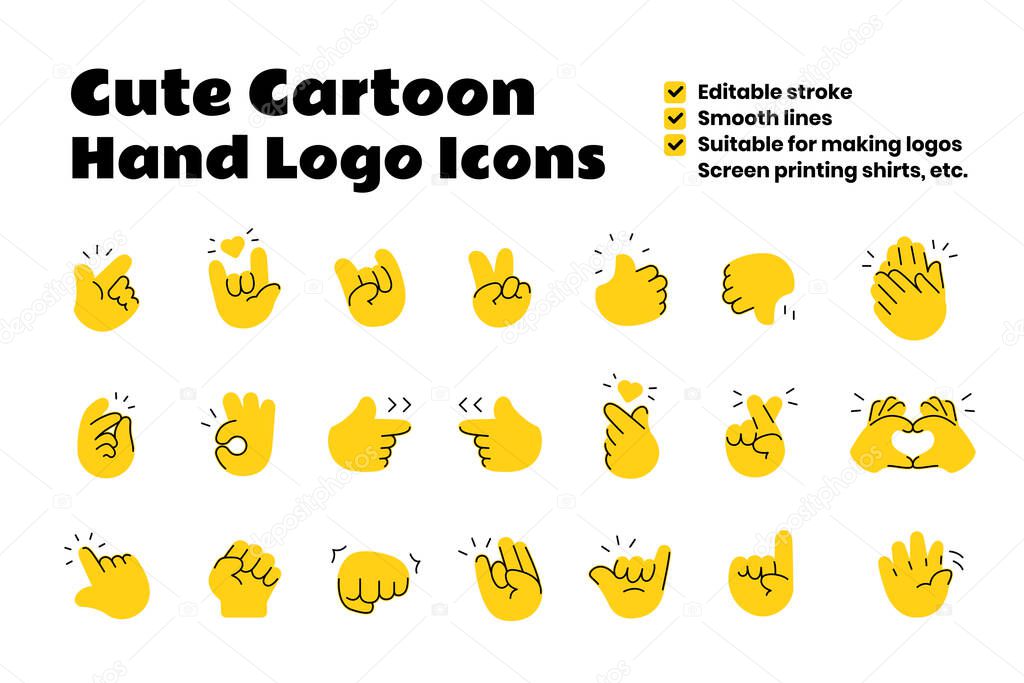 Cute Cartoon Hand Logo Icons Thin Line Yellow color, flat design comic character sticker clipart