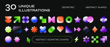 30 Gradyan Soyut Geometrik Şekiller, web sitesi, markalaşma, reklam panoları, ambalaj ve animasyon için uygun modern geometrik biçim tasarımı kare yapı kavramı altında.