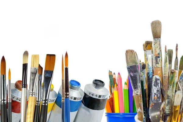 Set Art Equipment Paint Brushes Pencils Oil Paints Isolated White — Stock Photo, Image