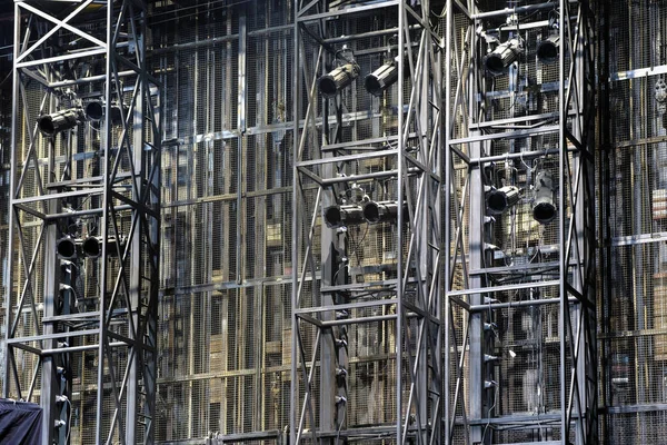 Technical equipment at the backstage of theater. Stage spot lighting rigging structure for a theater events