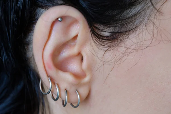 耳朵上的刺 一套不同类型的妇女耳环 — 图库照片