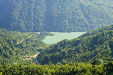 Orman kaplı dağlar arasında yeşil bir göl manzarası.