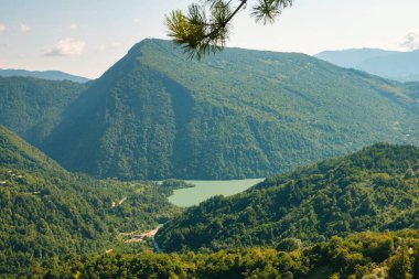 Orman kaplı dağlar arasında yeşil bir göl manzarası.