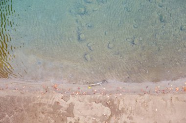 Kumlu bir nehir kıyısındaki temiz, şeffaf bir nehir manzarası.