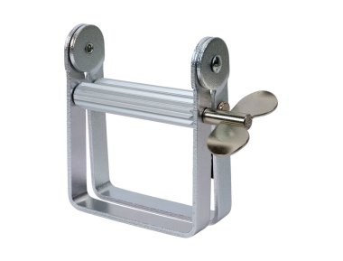 Beyaz arkaplanda izole edilmiş alüminyum tüp sıkma makinesi aracı