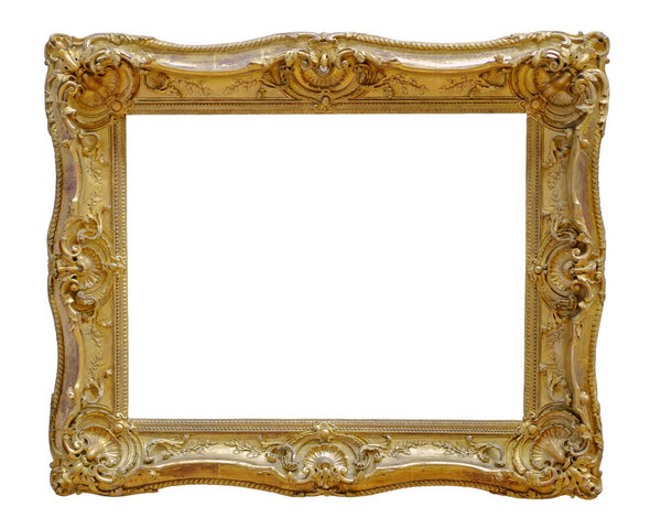 Старая винтажная золотая рамка на белом фоне