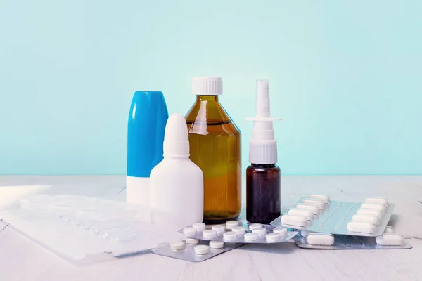 Garrafas Medicamentos Comprimidos Conceito Cuidados Saúde — Fotografia de Stock