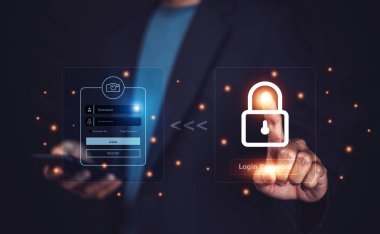 Telefon ve sanal arayüzde veri kişisel bilgilerini koruyan bir iş adamı. Veri koruma gizlilik kavramı. sunucuya giriş parolası aç