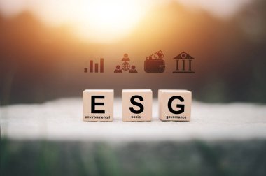 ESG kavramı için ahşap küp üzerinde ESG işareti Çevresel Sosyal Yönetim ve sürdürülebilir organizasyonel kalkınma.